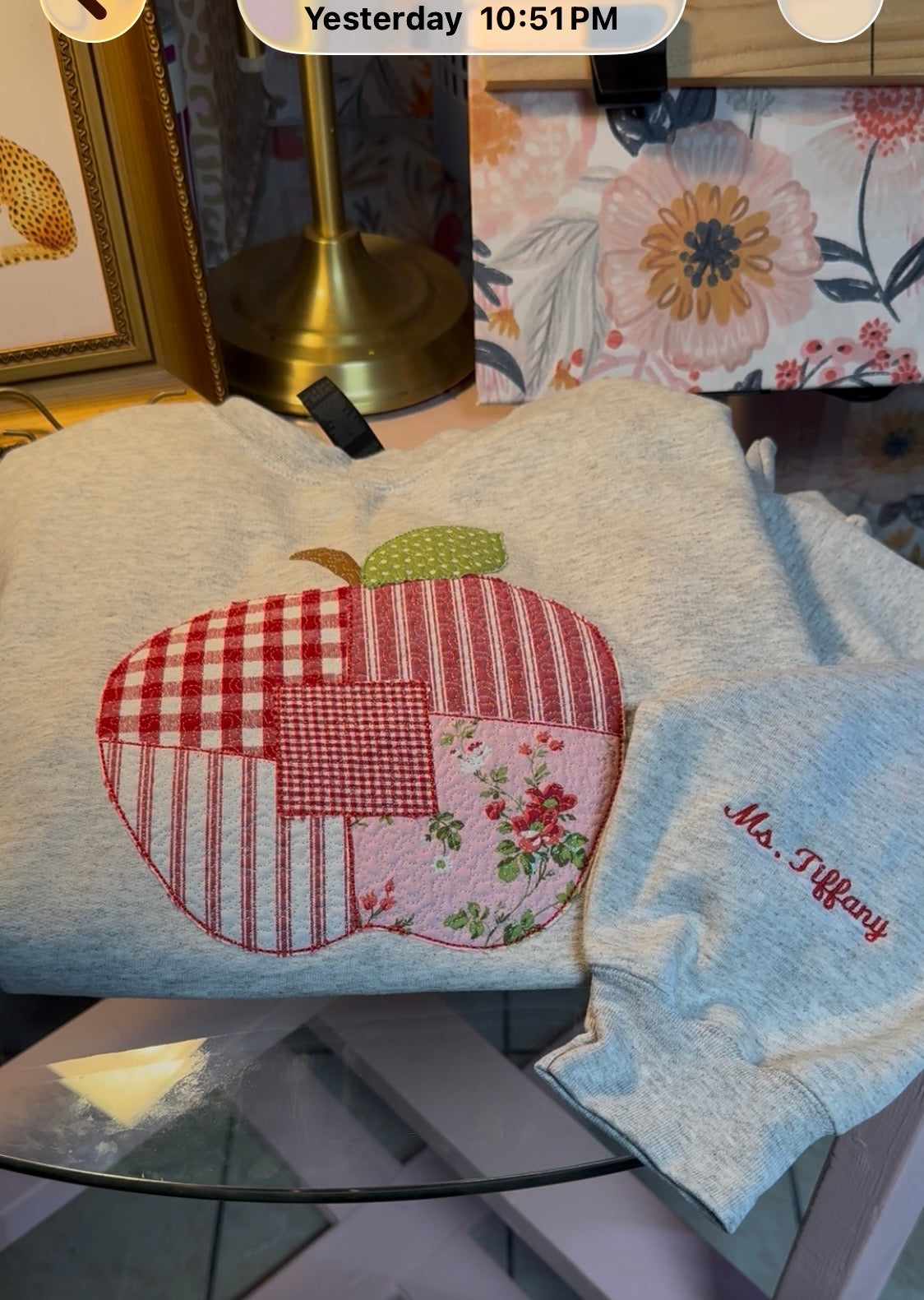 Embroidered Teacher Patchwork Apple Crewneck