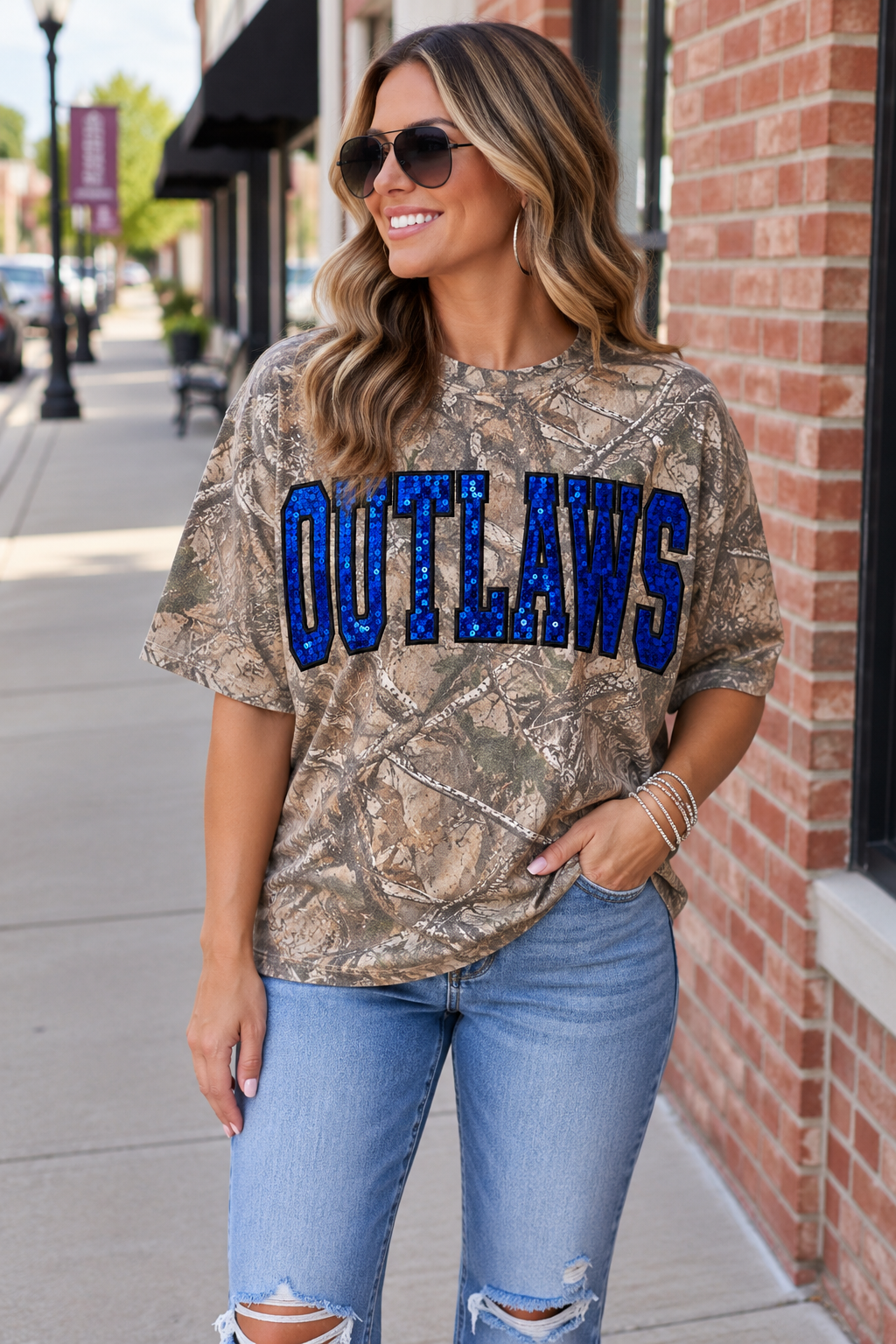 Embroidered Sequined Outlaws Camo Tee