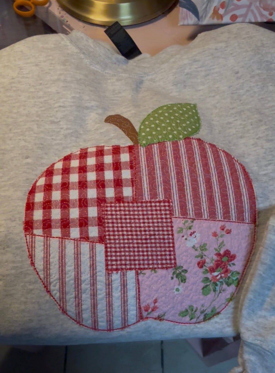 Embroidered Teacher Patchwork Apple Crewneck