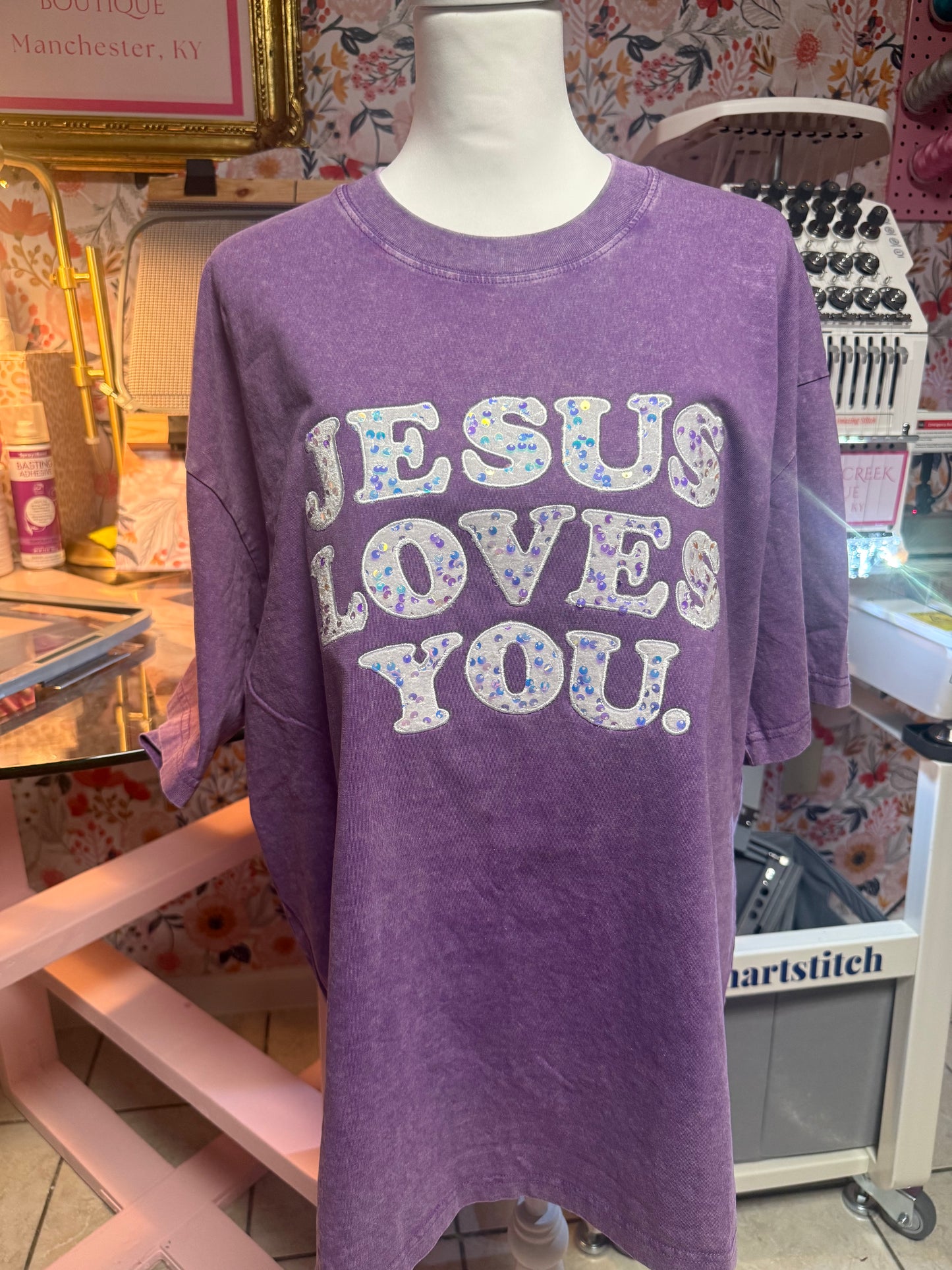 Sequined Jesus Loves You Tee