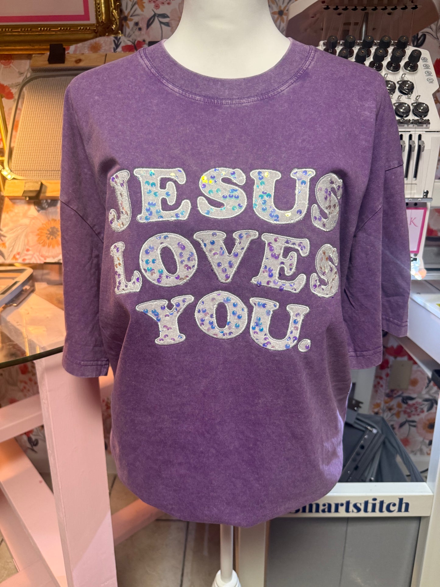 Sequined Jesus Loves You Tee