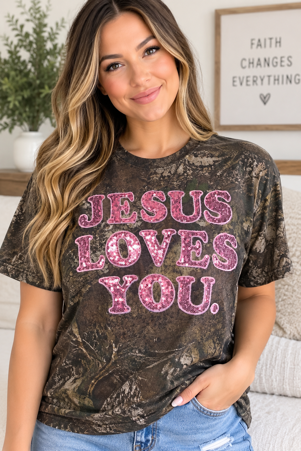 Sequined Jesus Loves You Camo Tee