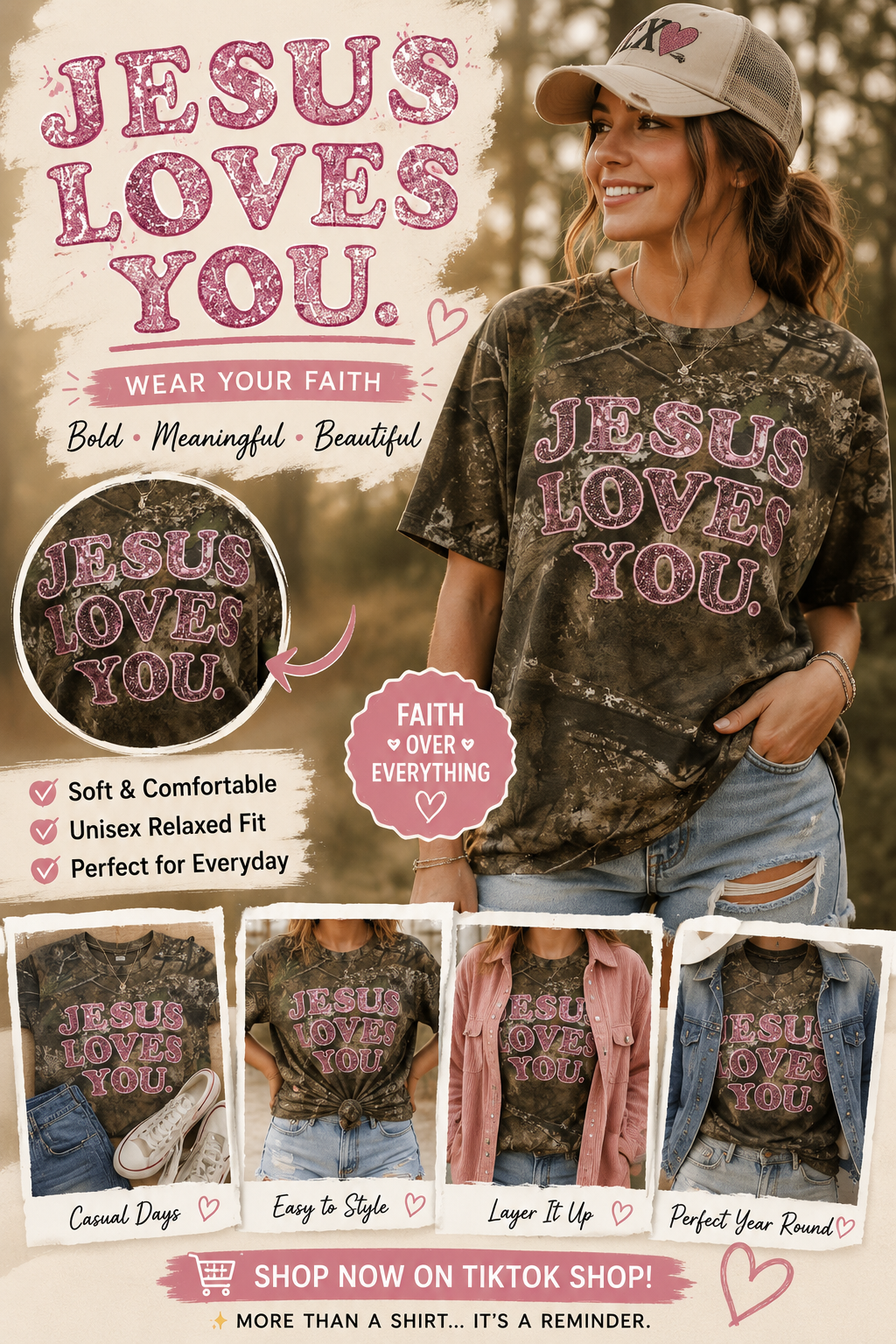 Embroidered Sequined Jesus Loves You Camo Tee