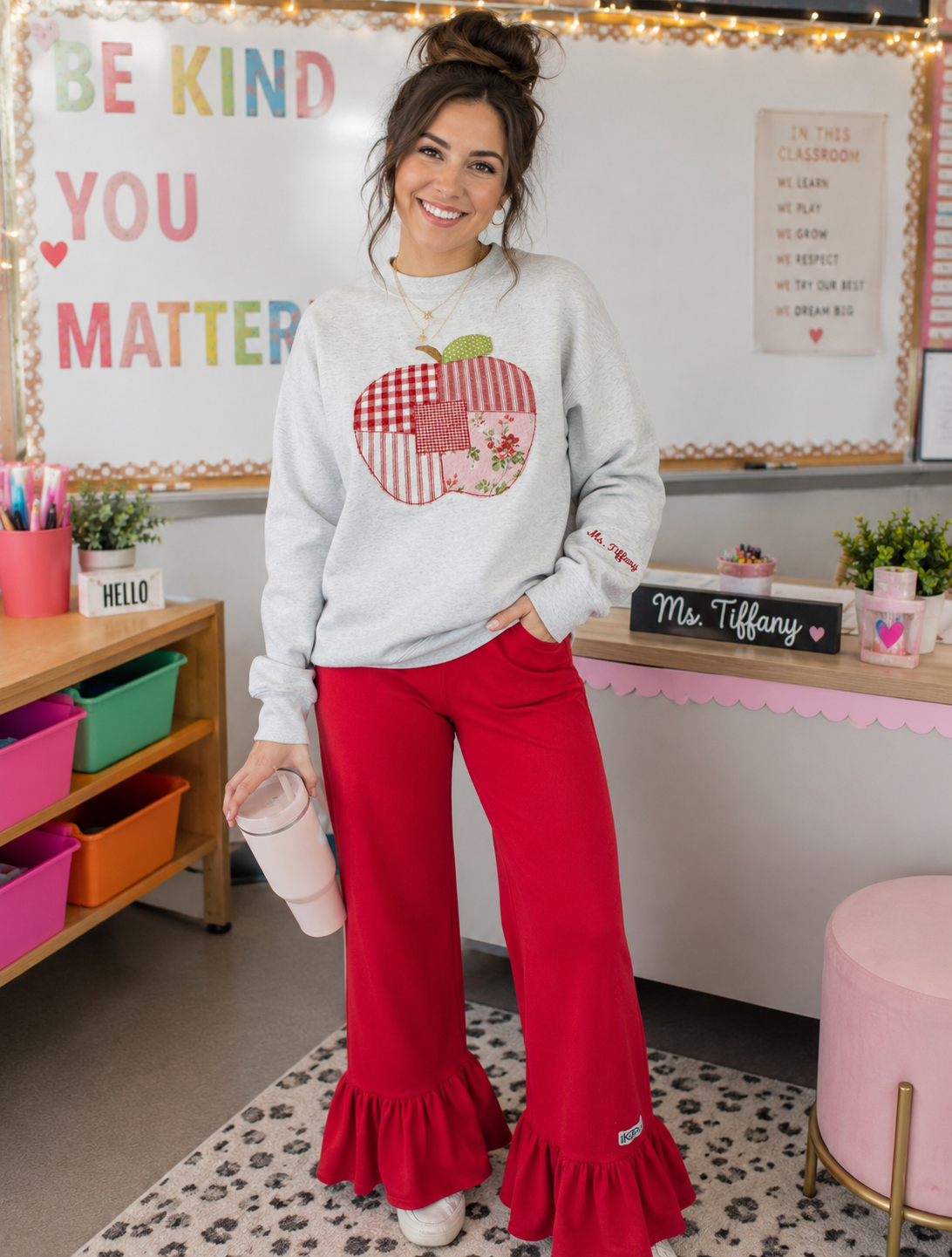 Embroidered Teacher Patchwork Apple Crewneck