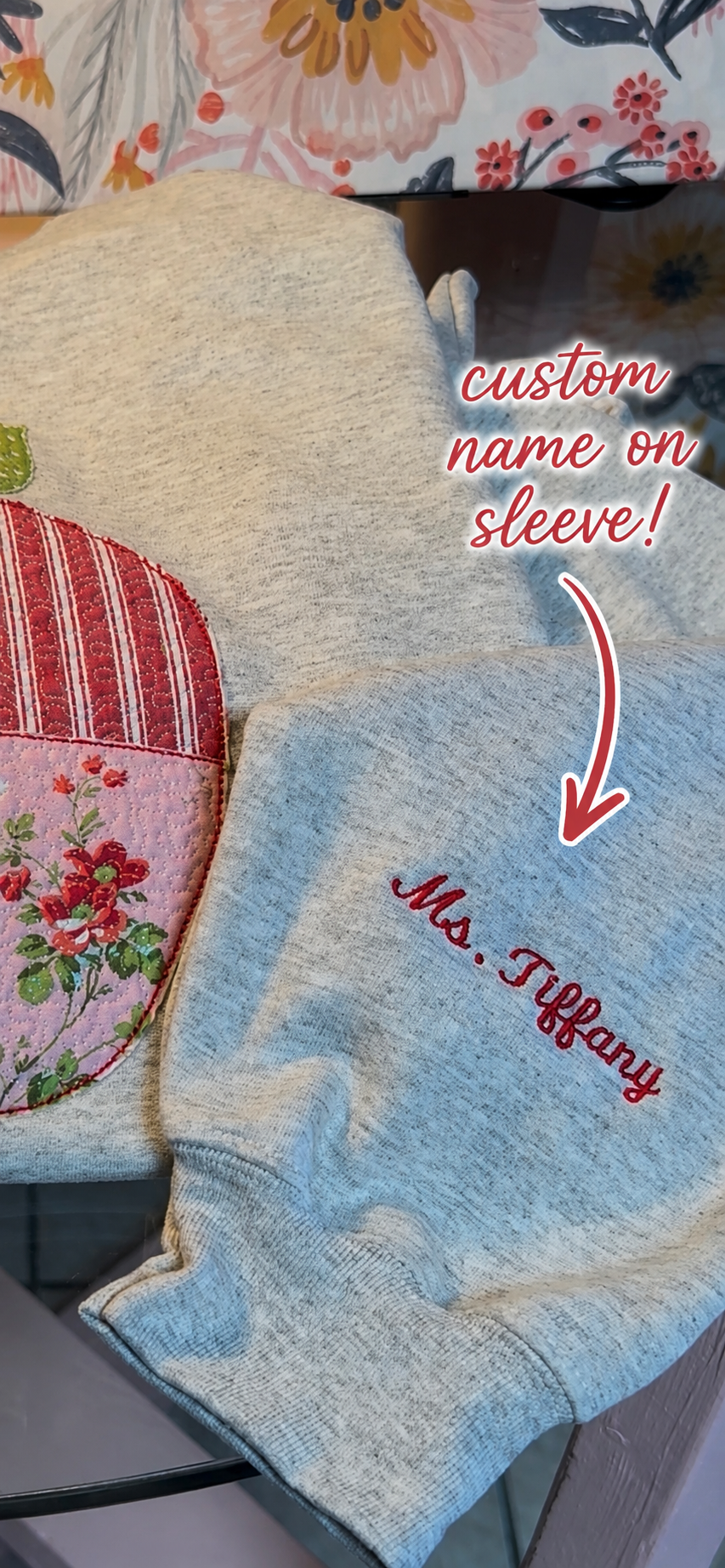 Embroidered Teacher Patchwork Apple Crewneck