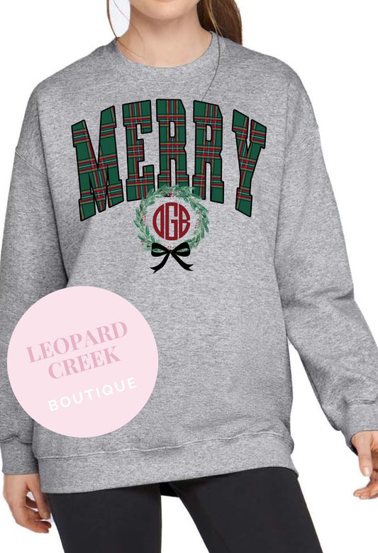Plaid Merry Monogram Wreath Sweatshirt